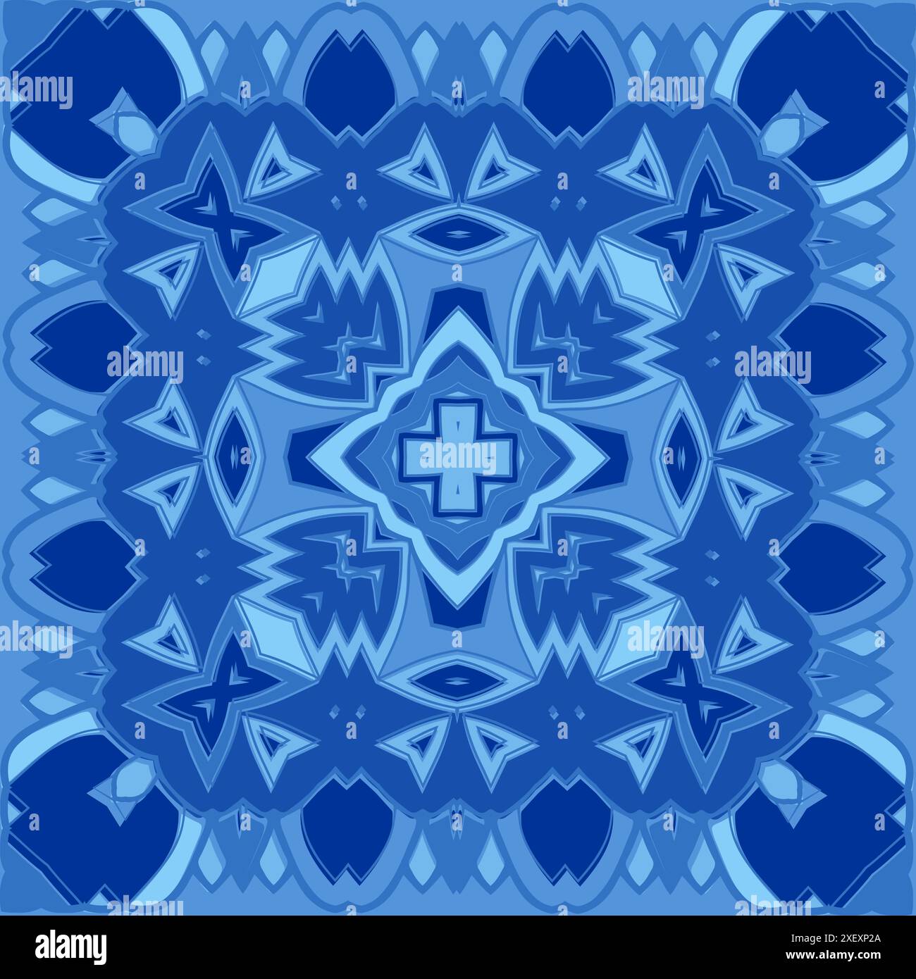 Watercolor blue damask hand drawn floral design. Seamless pattern, tiling ornament. Persian abstract filigree background. Blue and white azulejos deco Stock Vector