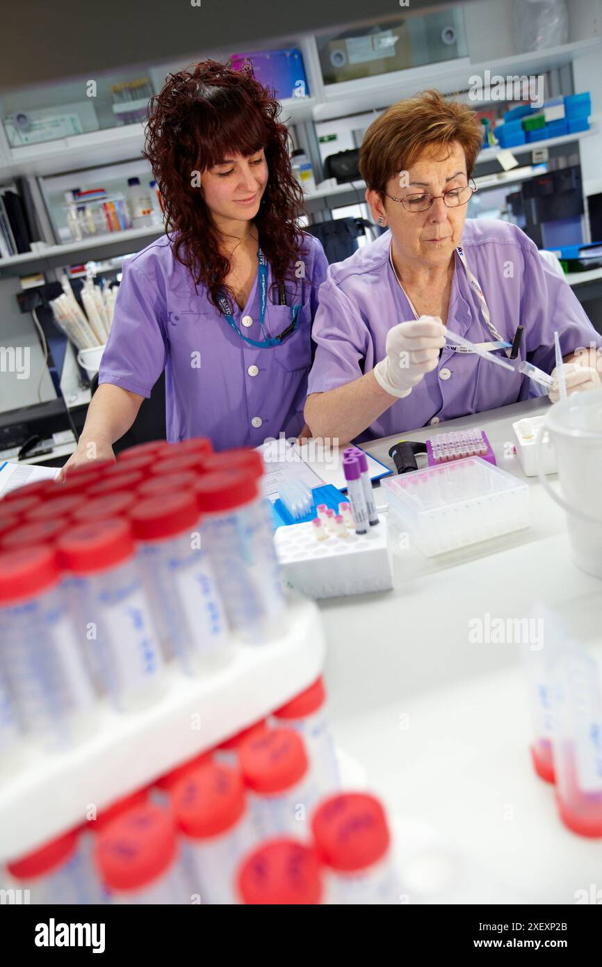 Laboratory technicians using micropipette, Neuroscience lab, Research ...