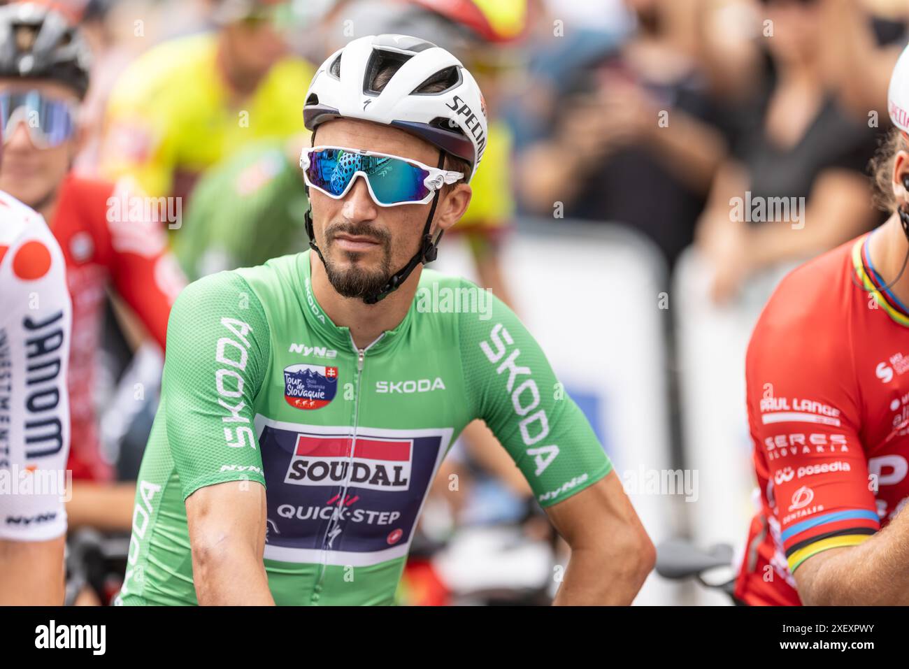 Liptovsky Mikulas, Slovakia. June 30. 2024. Julian Alaphilippe leads at the start of the last stage of the Tour de Slovakia. Stock Photo