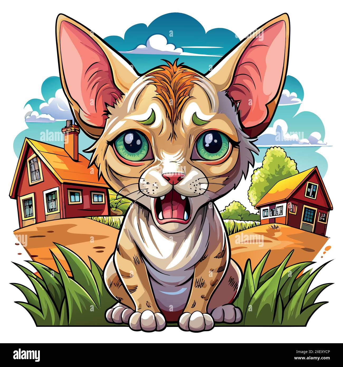 Devon Rex cat inadequate cries farm vector. AI generated image. Clipart cartoon deisgn icon Stock Vector