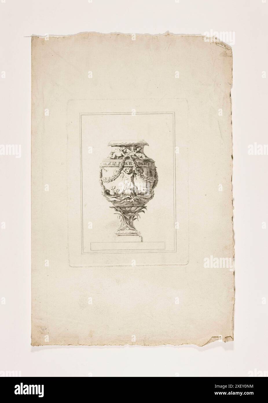 The 17th century crayon manner print of antique vase with putti Stock