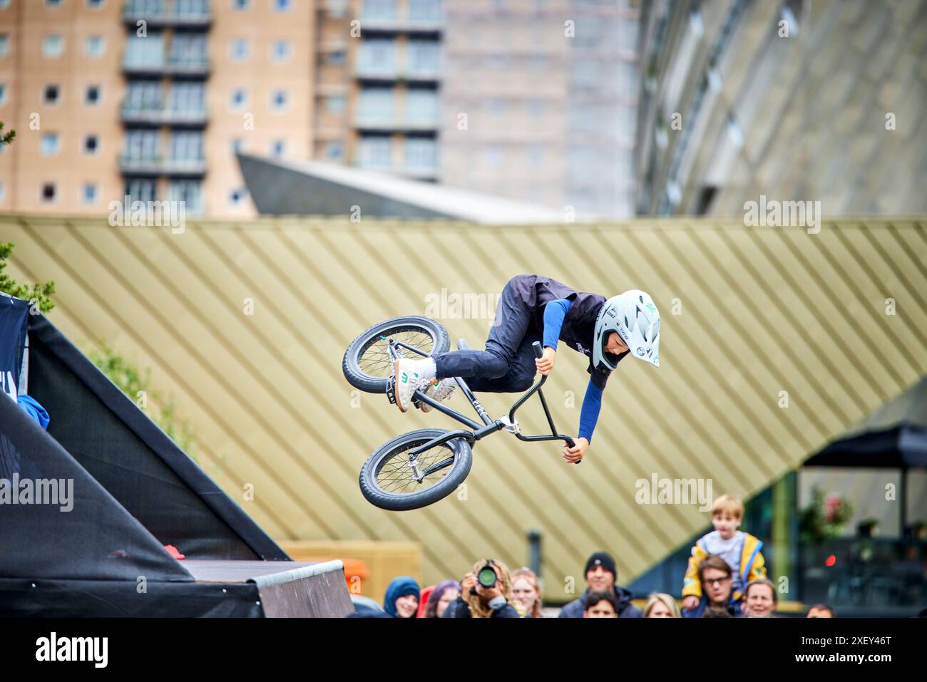 BMX stunts at Salford Quays  MediaCityUK Stock Photo