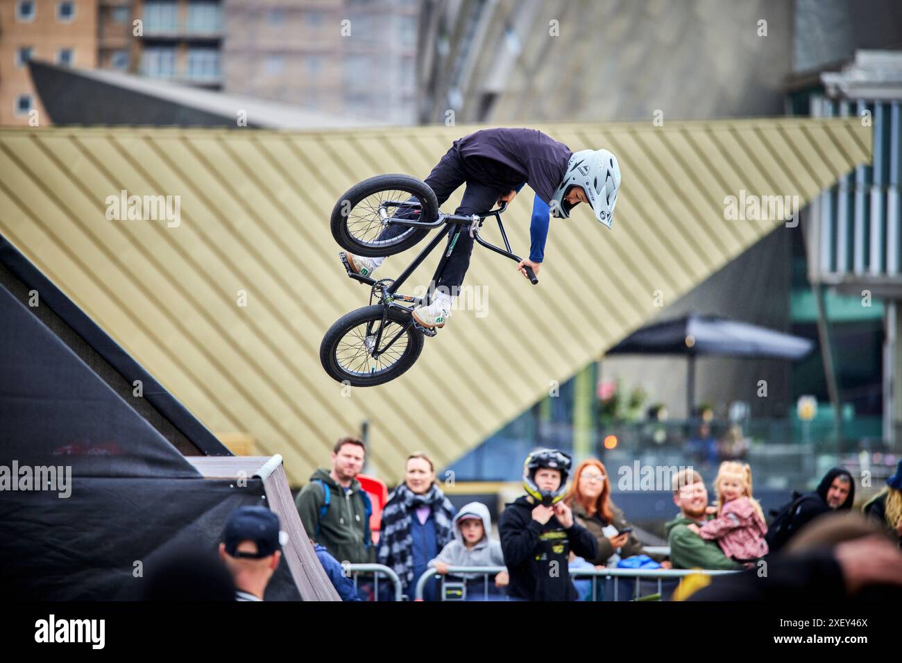BMX stunts at Salford Quays  MediaCityUK Stock Photo