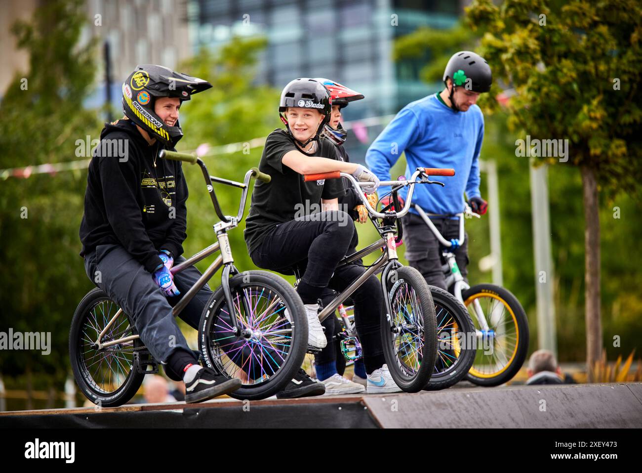 BMX stunts at Salford Quays  MediaCityUK Stock Photo