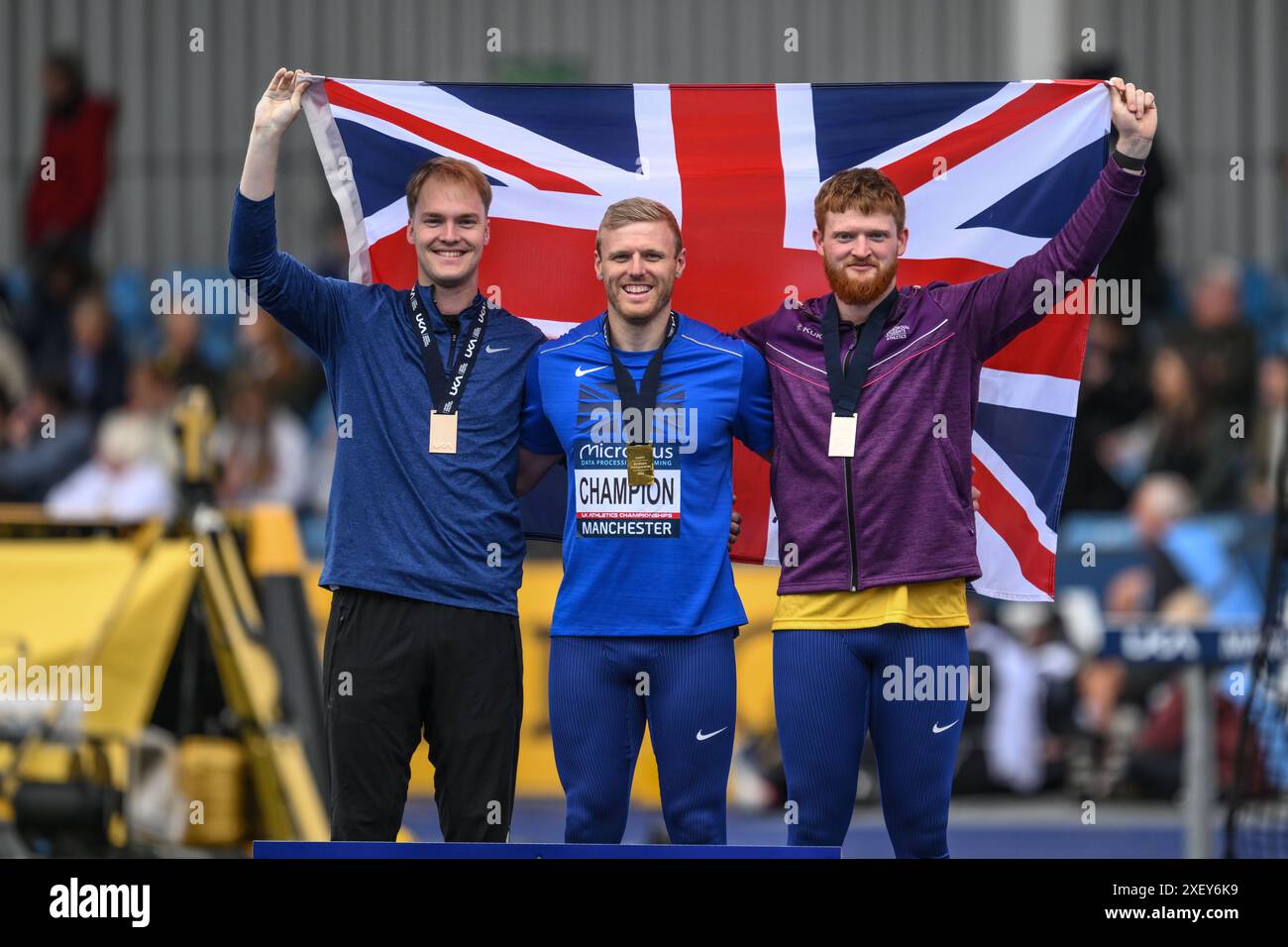 Medalists of the mens javelin during the Microplus UK Athletics Championships Day 2 at Manchester Regional Arena, Manchester, United Kingdom, 30th June 2024  (Photo by Craig Thomas/News Images) Stock Photo