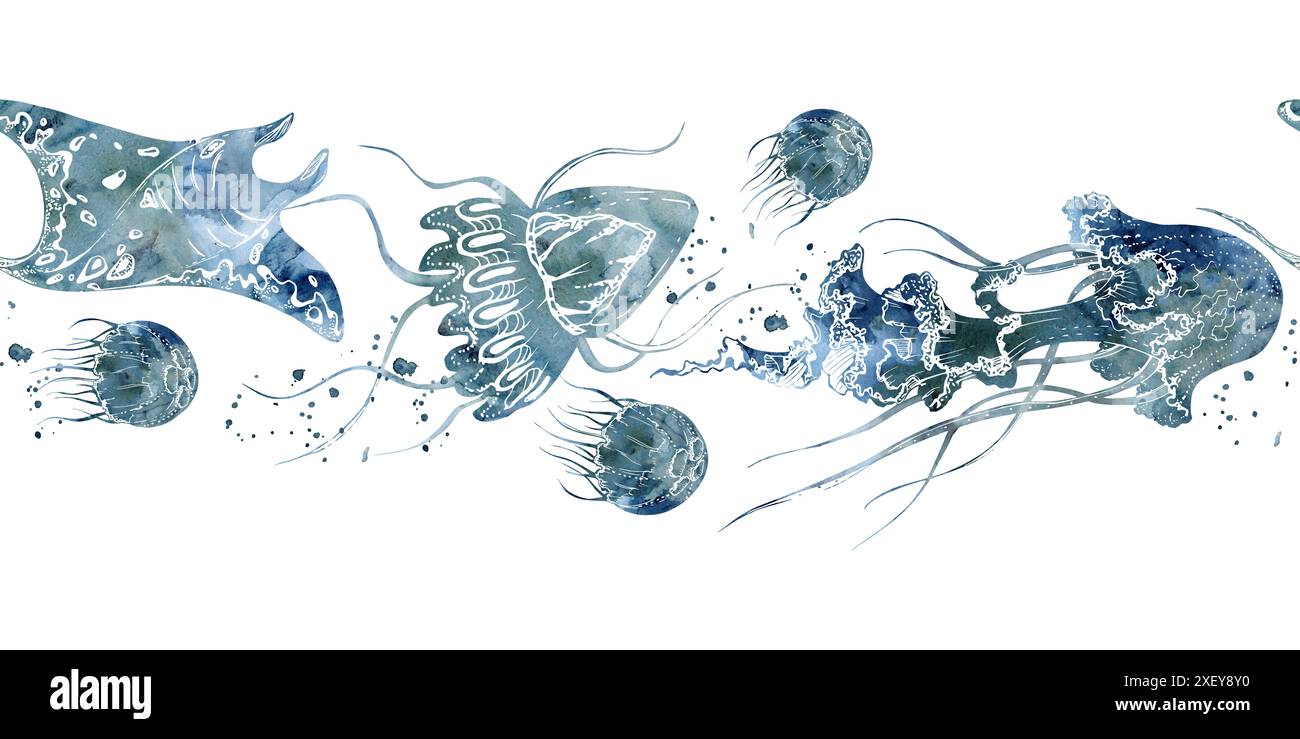 Watercolor and ink hand drawn marine life, sea ocean underwater creatures. fish, shells algae seaweed. Seamless banner illustration, stylized Stock Photo