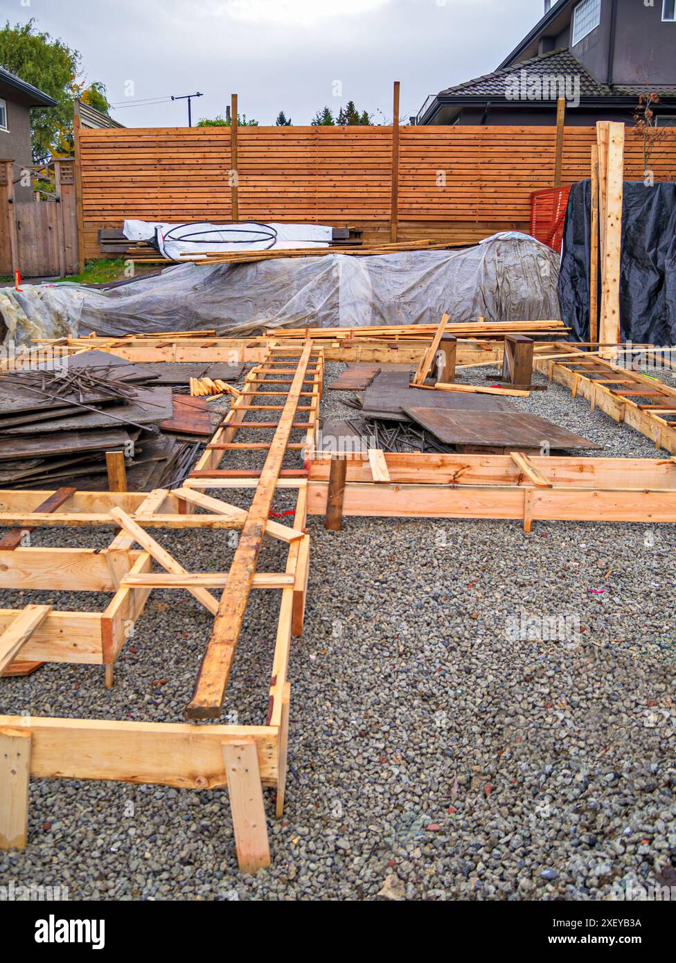 Wooden formwork for concrete pouring of the foundation of the new house ...