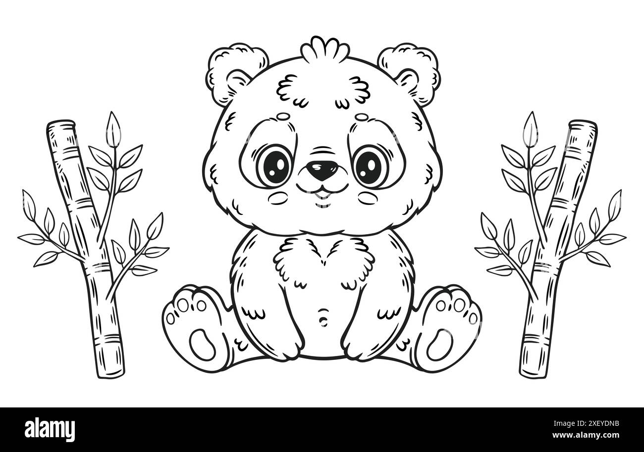 Cute panda Chinese bear sitting, children coloring book page. Funny