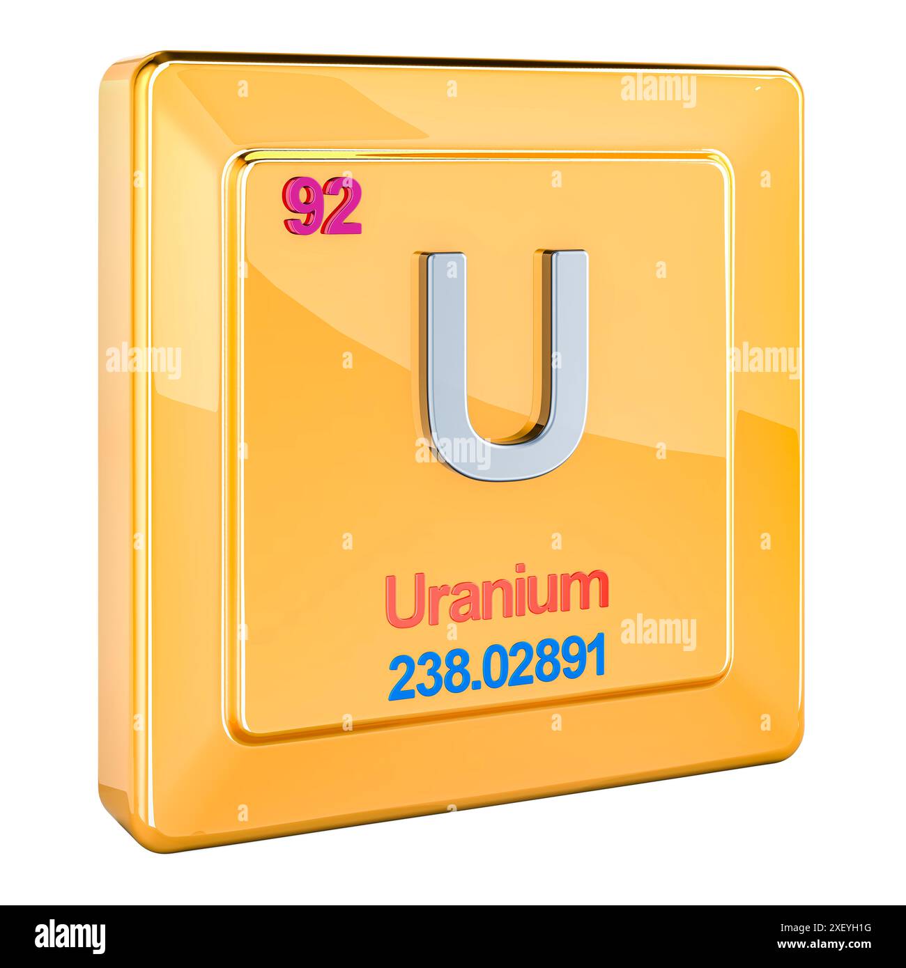 Uranium U, chemical element sign with number 92 in periodic table. 3D ...