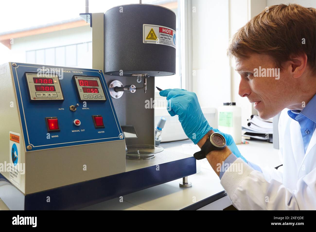 Melt flow index. MFI. Measure of the ease of flow of the melt of a thermoplastic polymer. Polymer characterization. Biotechnology Laboratory. Energy a Stock Photo