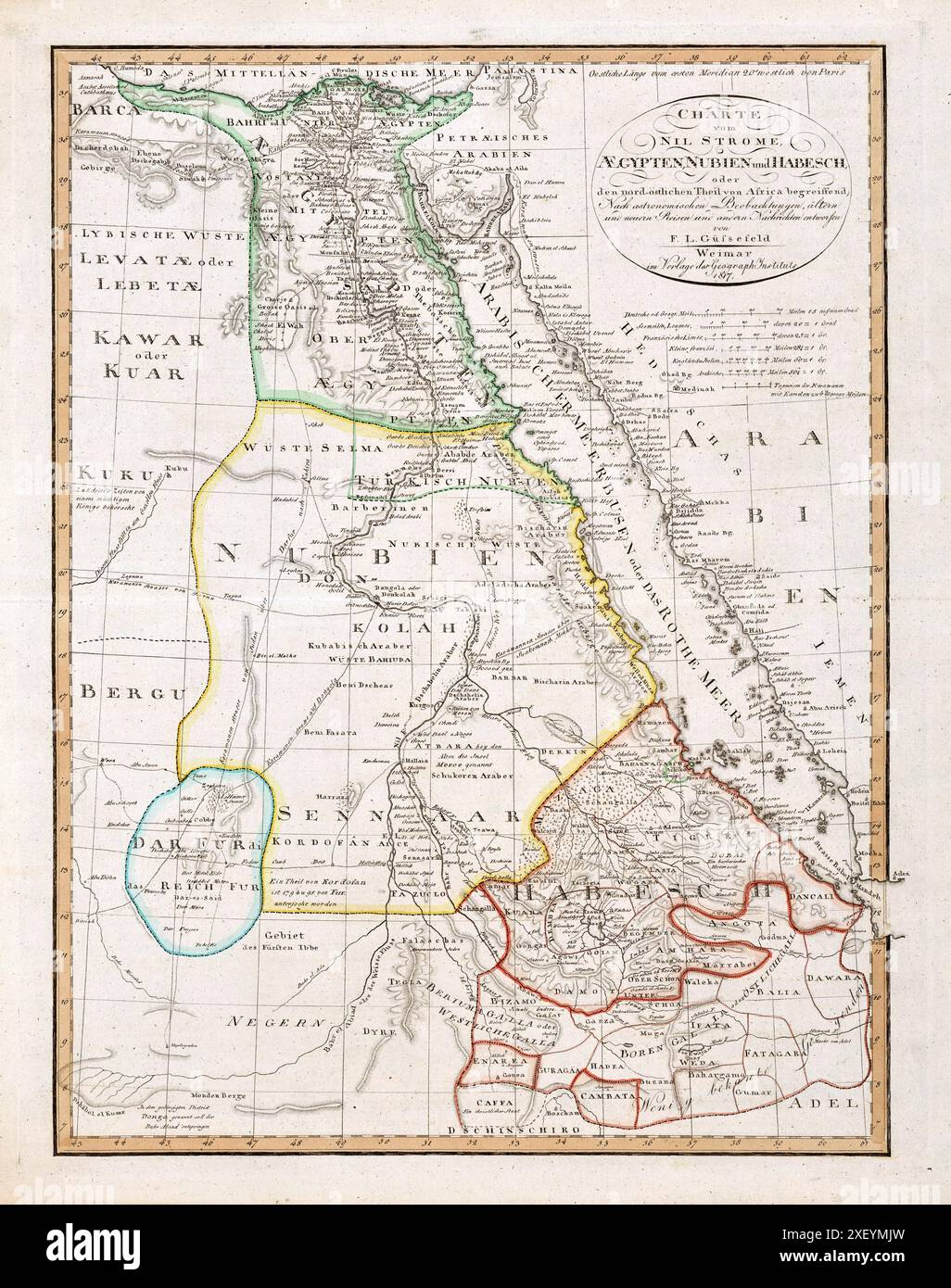 Vintage Historical Map Nile River Egypt Nubia and Abyssinia, by Weimar