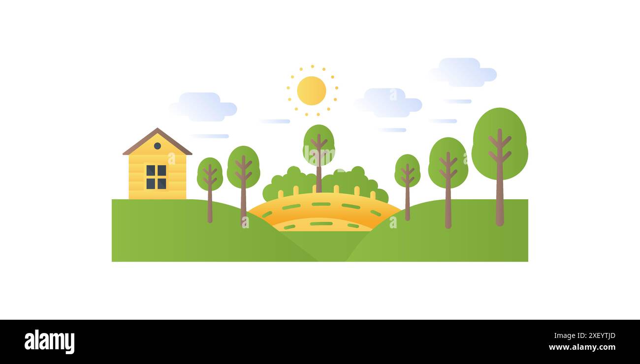 Countryside landscape with wooden house, trees growing on green hills ...