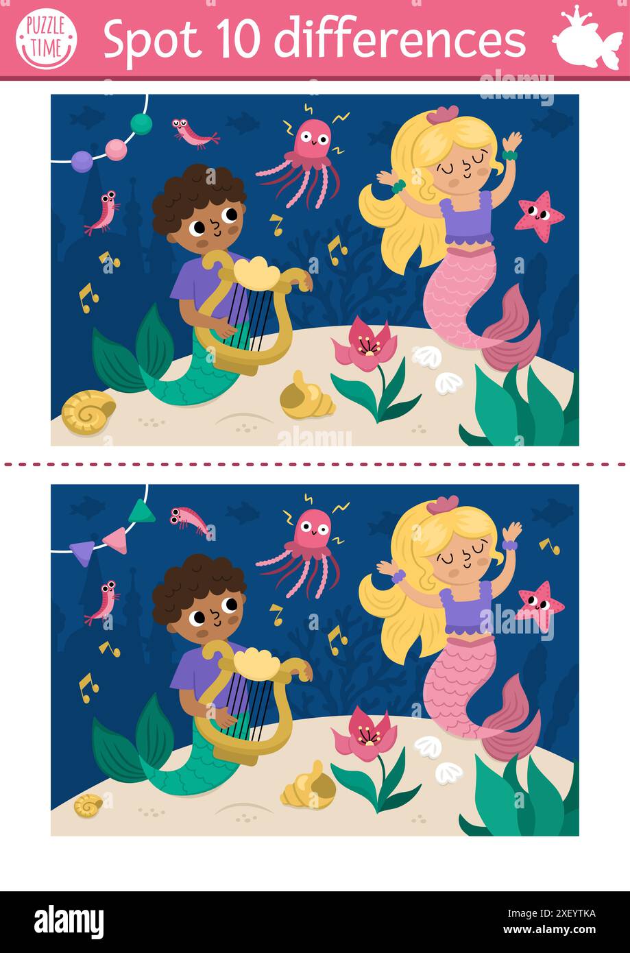 Find differences game for children. Mermaid educational activity with ...