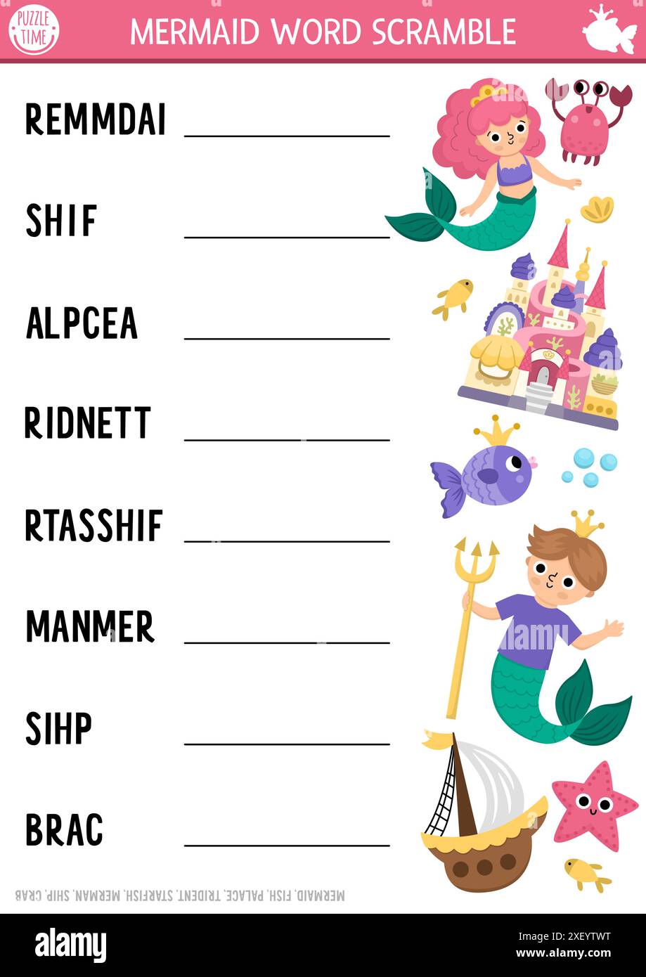 Vector mermaid word scramble activity page. English language game with sea princess, castle, merman, fish for kids. Ocean kingdom family quiz with veh Stock Vector