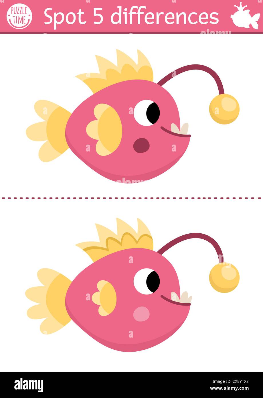 Find differences game for children. Mermaid educational activity with angler fish. Cute puzzle for kids with funny animal. Printable worksheet or page Stock Vector