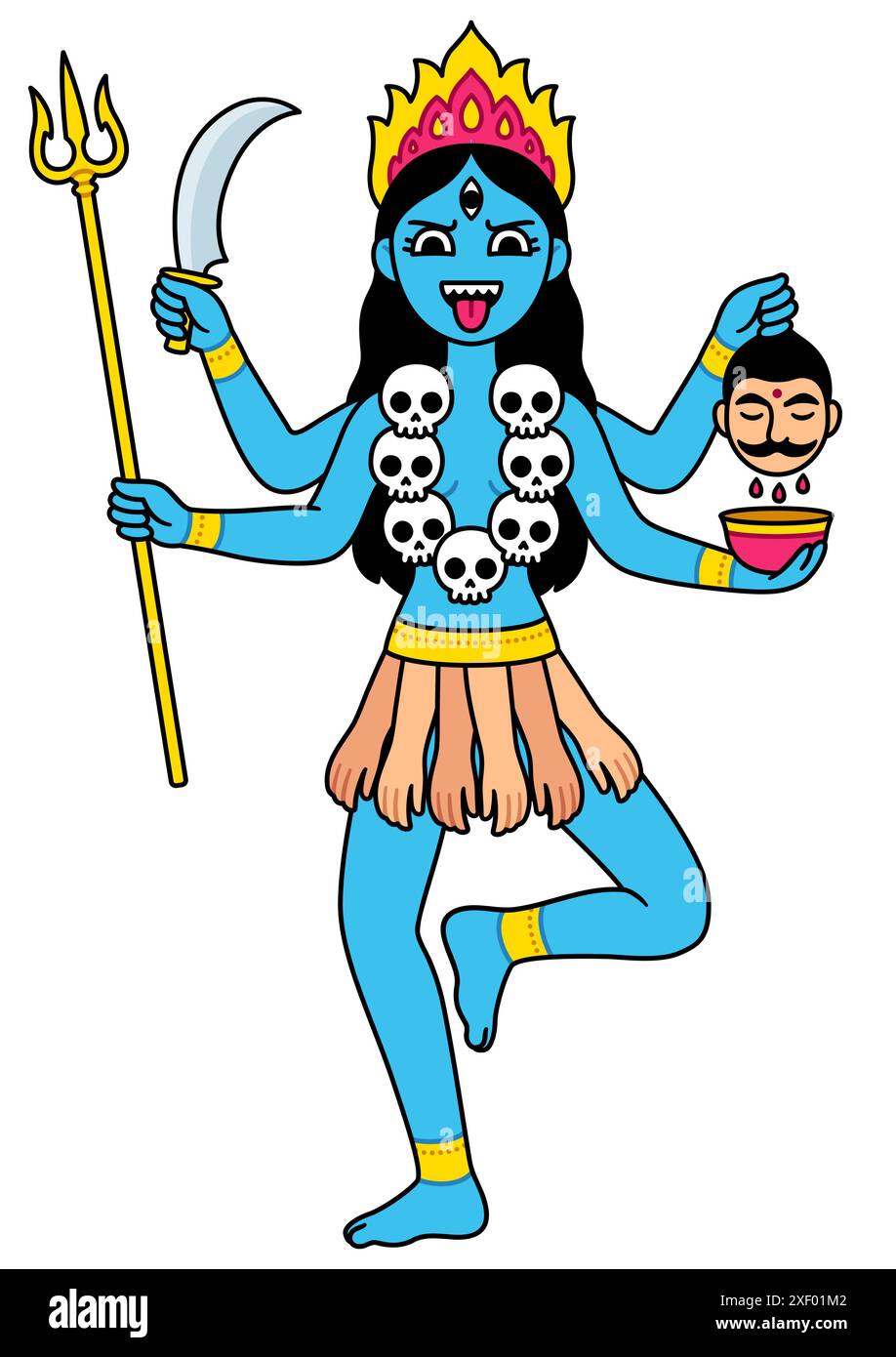 Hindu goddess Kali with traditional attributes - severed head, skulls and weapons. Cartoon vector illustration in modern simple comic style. Stock Vector