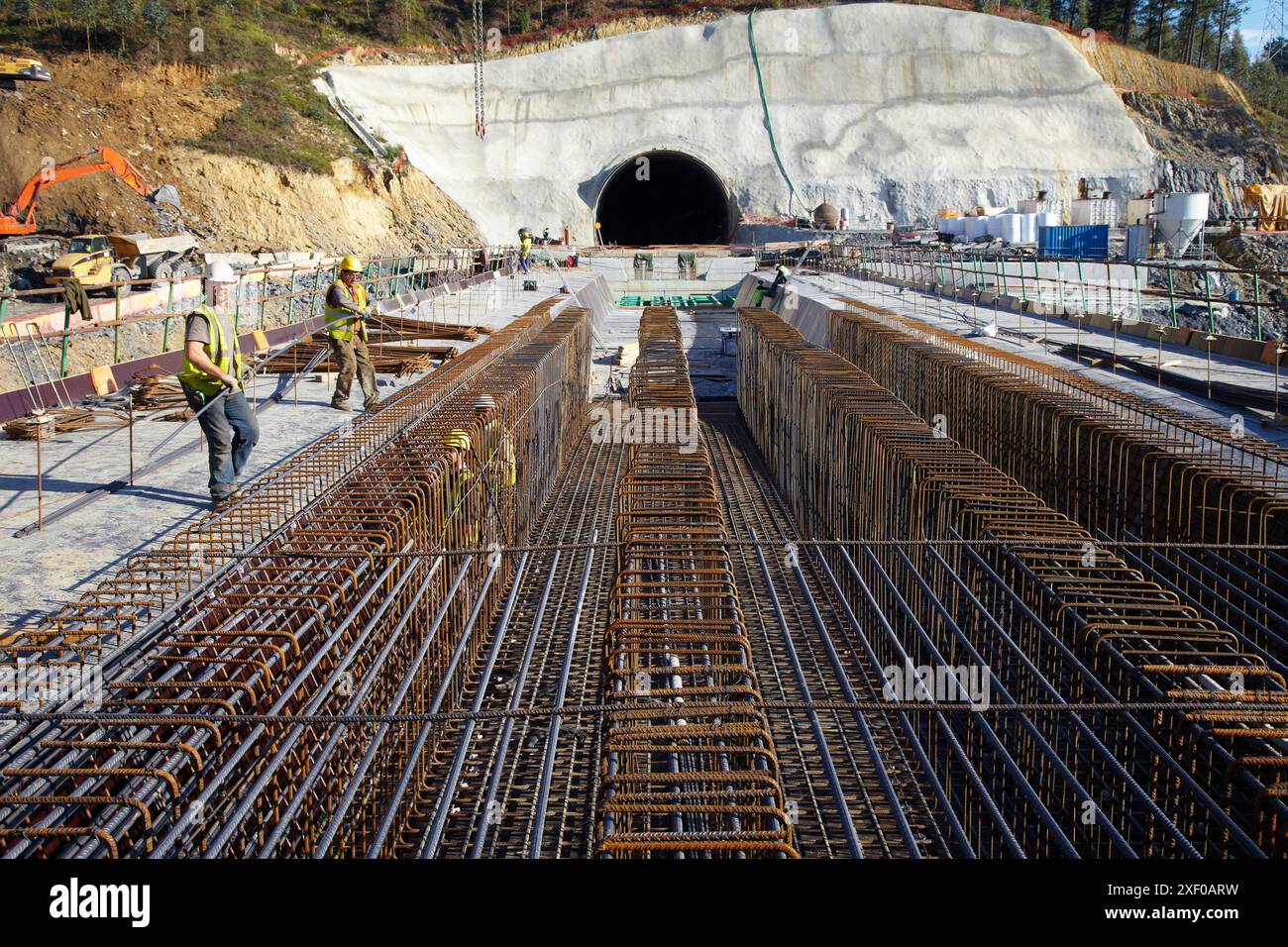 Installation of rebar, reinforcing steel bars for concrete formwork, Construction of viaduct, Works of the new railway platform in the Basque Country, Stock Photo