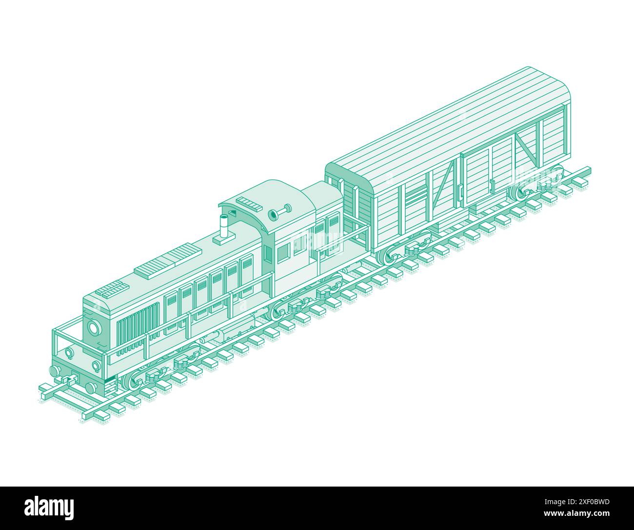 Isometric locomotive with freight railroad car. Vector illustration ...