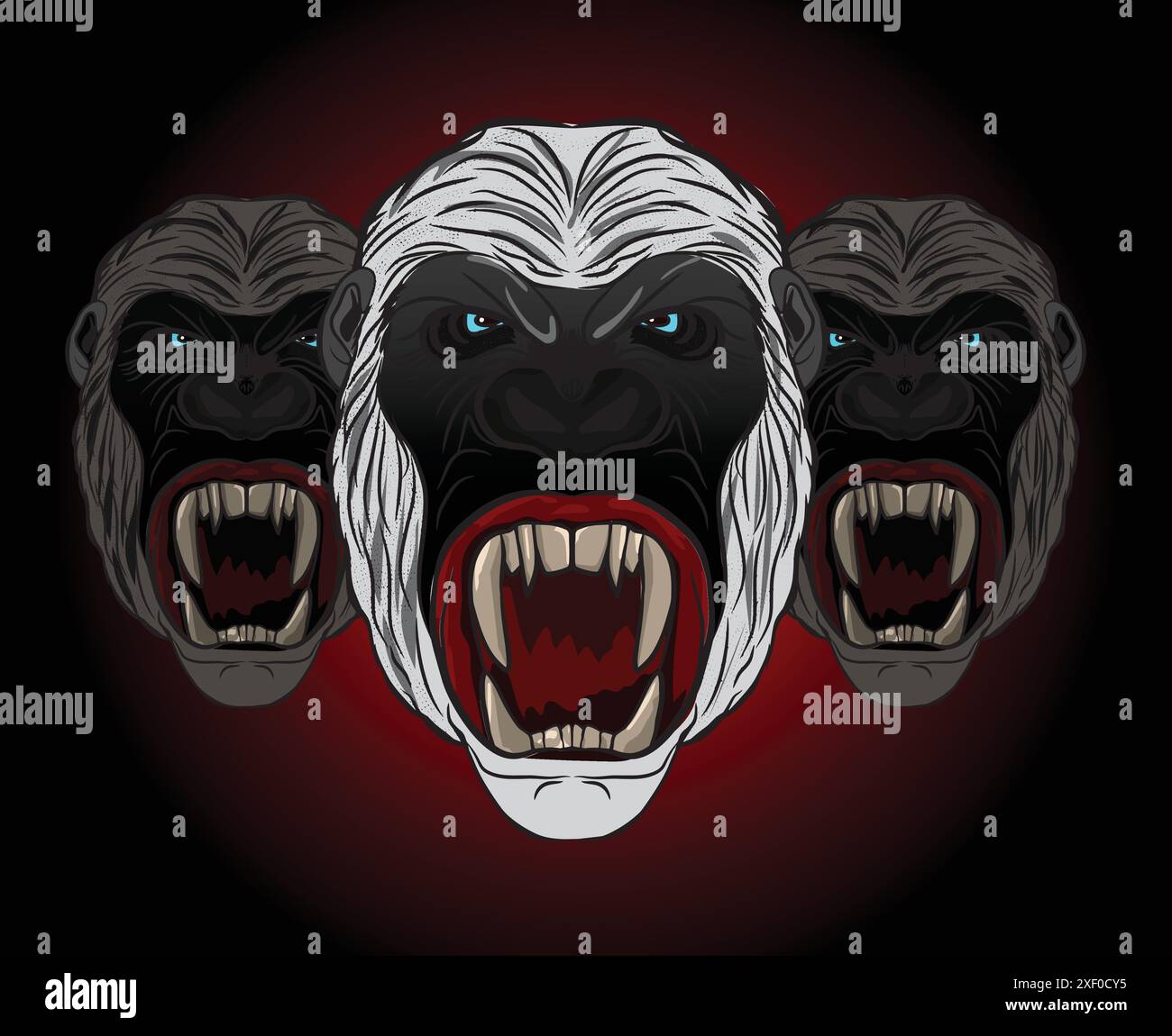 Three angry gorillas showing teeth on dark background Stock Vector
