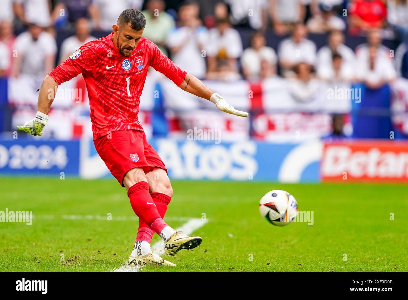 GELSENKIRCHEN, GERMANY - JUNE 30: goalkeeper Martin Dúbravka of Slovakia shoots the ball during the UEFA Euro 2024, Round of 16 match between England and Slovakia at Gelsenkirchen on June 30, 2024 in Gelsenkirchen, Germany. (Photo by Andre Weening/Orange Pictures) Credit: Orange Pics BV/Alamy Live News Stock Photo