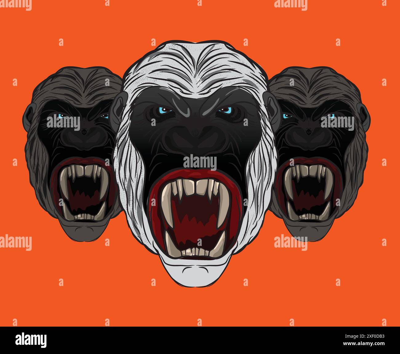 Three angry gorillas showing teeth on dark background Stock Vector