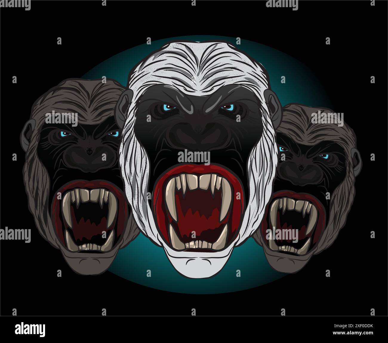 Three angry gorillas showing teeth on dark background Stock Vector