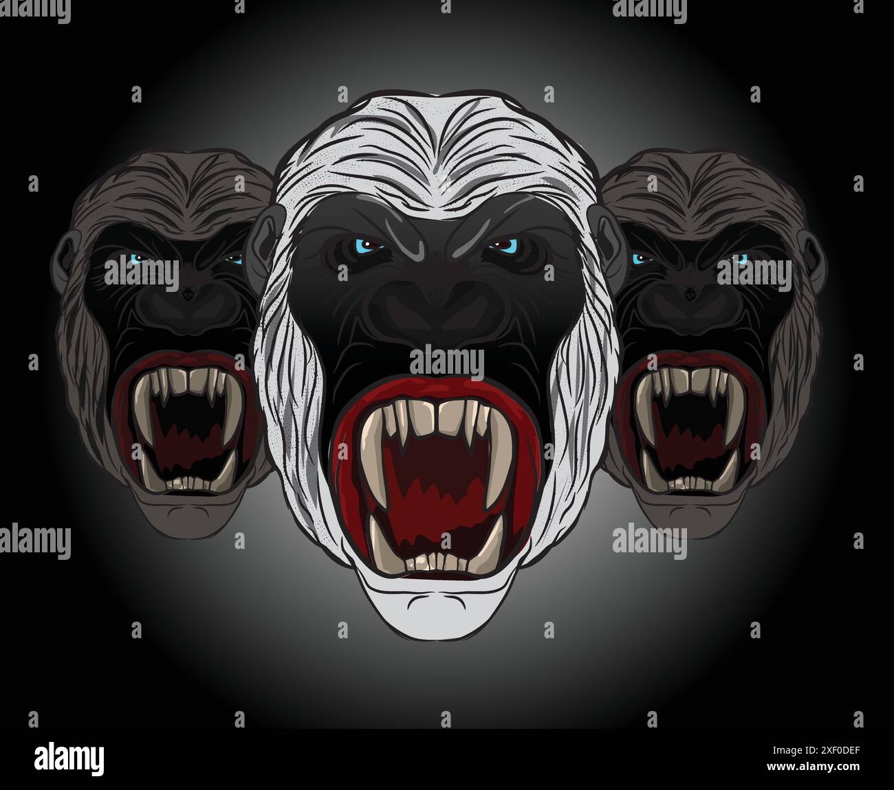 Three angry gorillas showing teeth on dark background Stock Vector