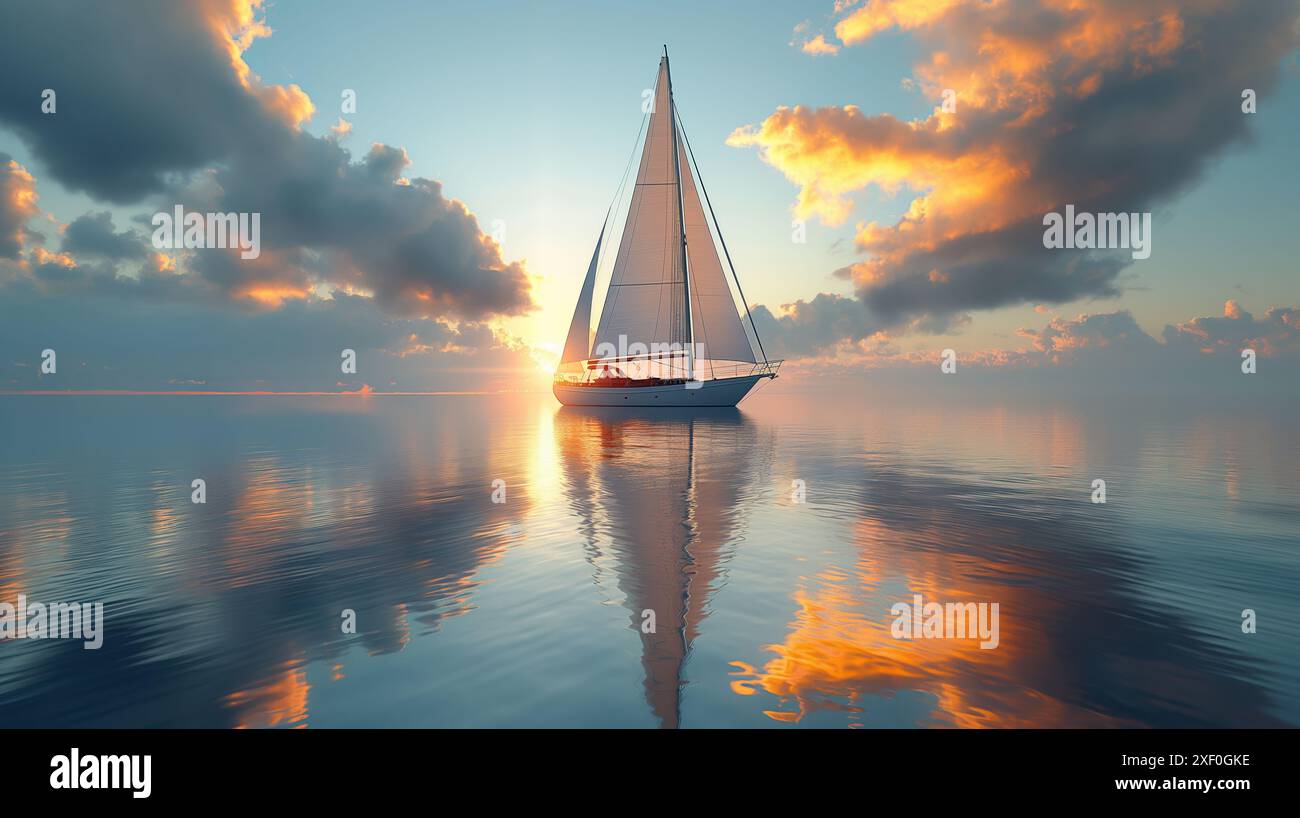 A sailboat gliding on calm waters during a vibrant sunset, with clouds ...