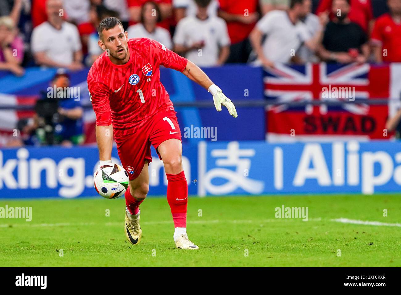 GELSENKIRCHEN, GERMANY - JUNE 30: goalkeeper Martin Dúbravka of Slovakia throws the ball during the UEFA Euro 2024, Round of 16 match between England and Slovakia at Gelsenkirchen on June 30, 2024 in Gelsenkirchen, Germany. (Photo by Andre Weening/Orange Pictures) Credit: Orange Pics BV/Alamy Live News Stock Photo