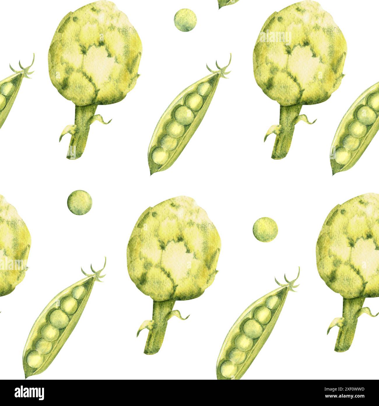 Green Vegetables Watercolor Seamless Pattern with artichoke and peas on ...