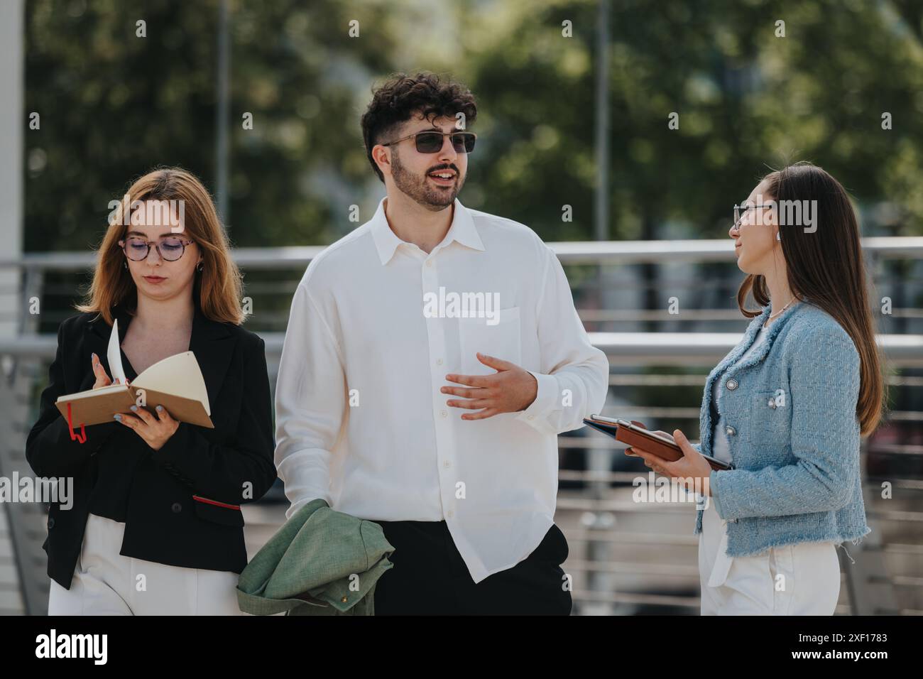 Business professionals engaged in outdoor meeting with notebooks Stock Photo