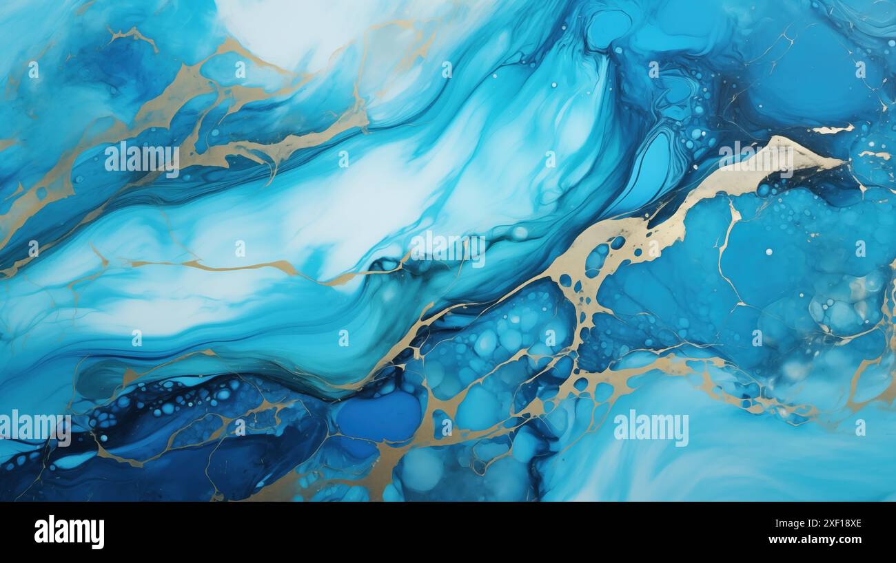 Abstract blue and gold fluid art painting with swirling patterns and ...