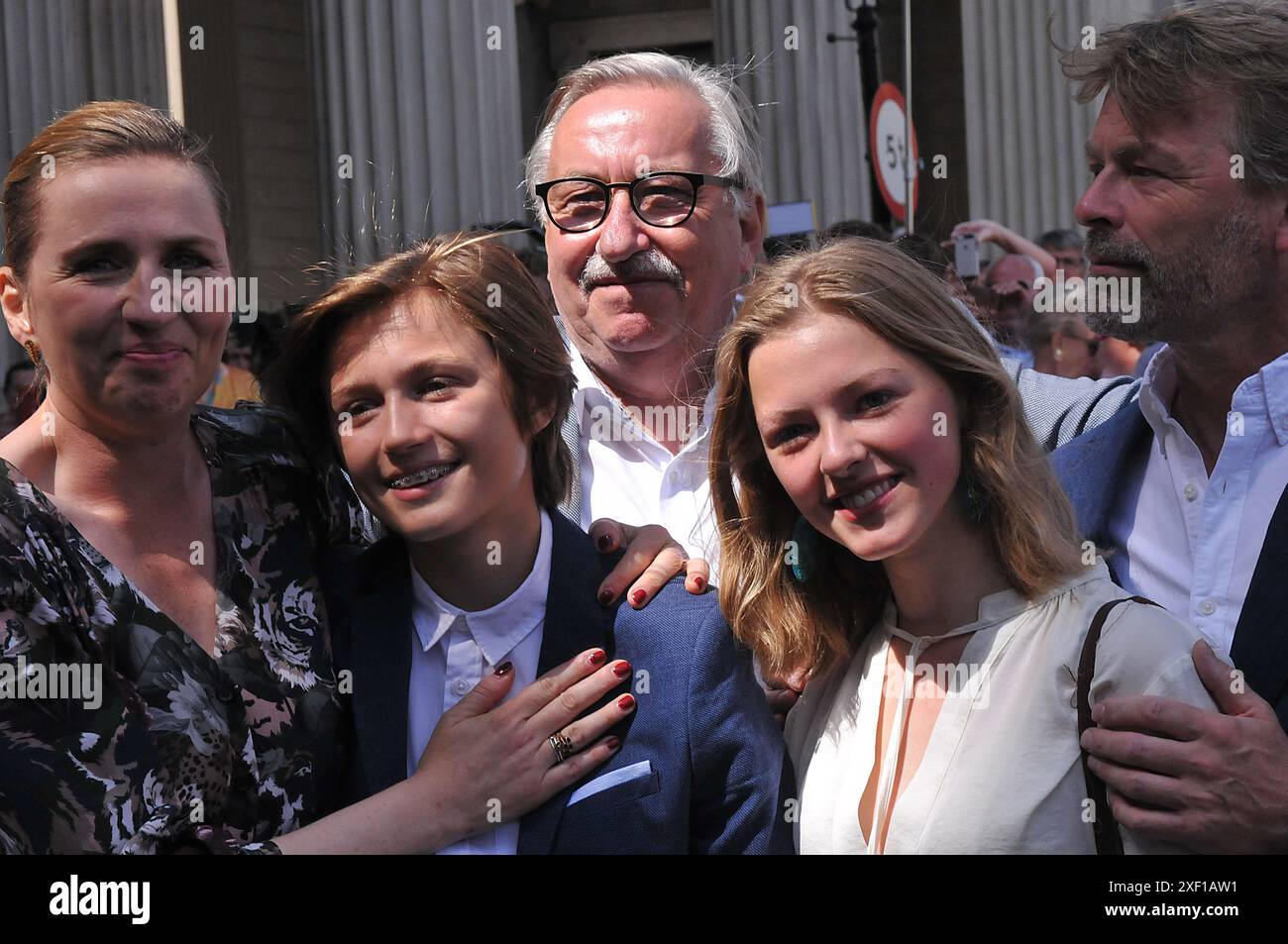 Copenhagen /Denmark./ 27June 2019/ Denmark's new prime miniter Ms.mette Frederiksen greets her father and two children and her boy friend Bo tengberg after ptresenting her minister team to queen margrethe II of denamrk and pres media at infront the Amalienborg Palace in danish capital Copenhagen, she is 2nd ocial democrat prime minister and she is 2nd.female social democrate denmark prime minister, she with her family .. (Photo..Francis Dean / Deanpictures. Stock Photo