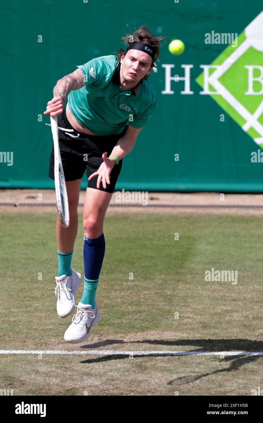 Alexander Bublik serves to Alexander Shevchenko during the Boodles Tennis Tournament at Stoke Park, Stoke Poges, Surrey, England on Saturday 29th June 2024. (Photo: Jon Bromley | MI News) Credit: MI News & Sport /Alamy Live News Stock Photo