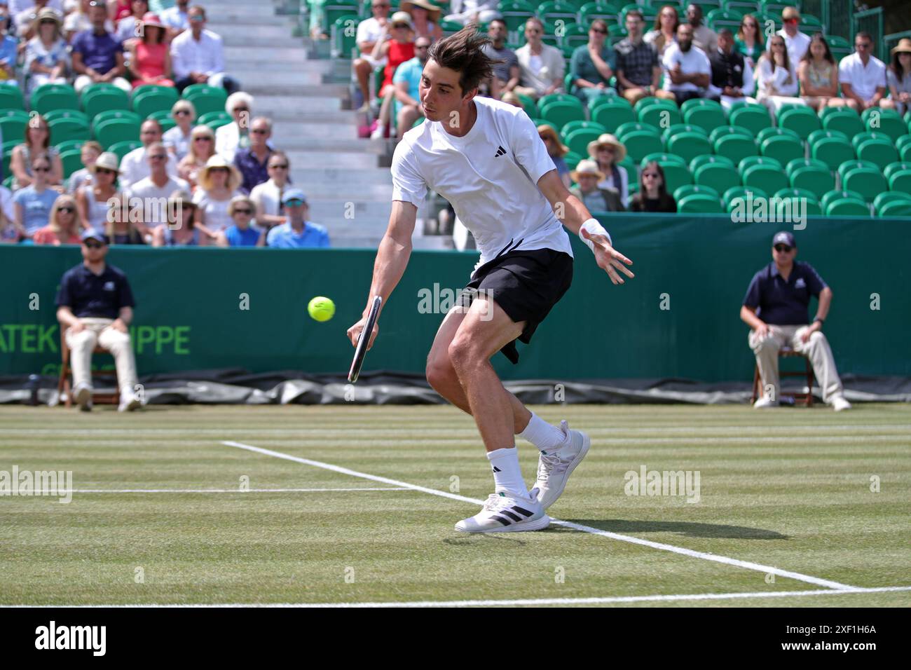 Alexander Shevchenko comes to the net against Alexander Bublik during the Boodles Tennis Tournament at Stoke Park, Stoke Poges, Surrey, England on Saturday 29th June 2024. (Photo: Jon Bromley | MI News) Credit: MI News & Sport /Alamy Live News Stock Photo