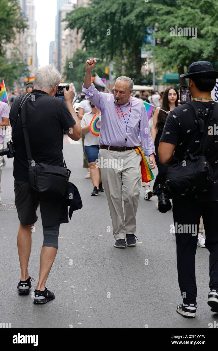 New York, USA, June 30, 2024 - Senate majority leader Chuck Schumer along with Thousands of people marched in the New York City Pride Parade. Sunday, Stock Photo