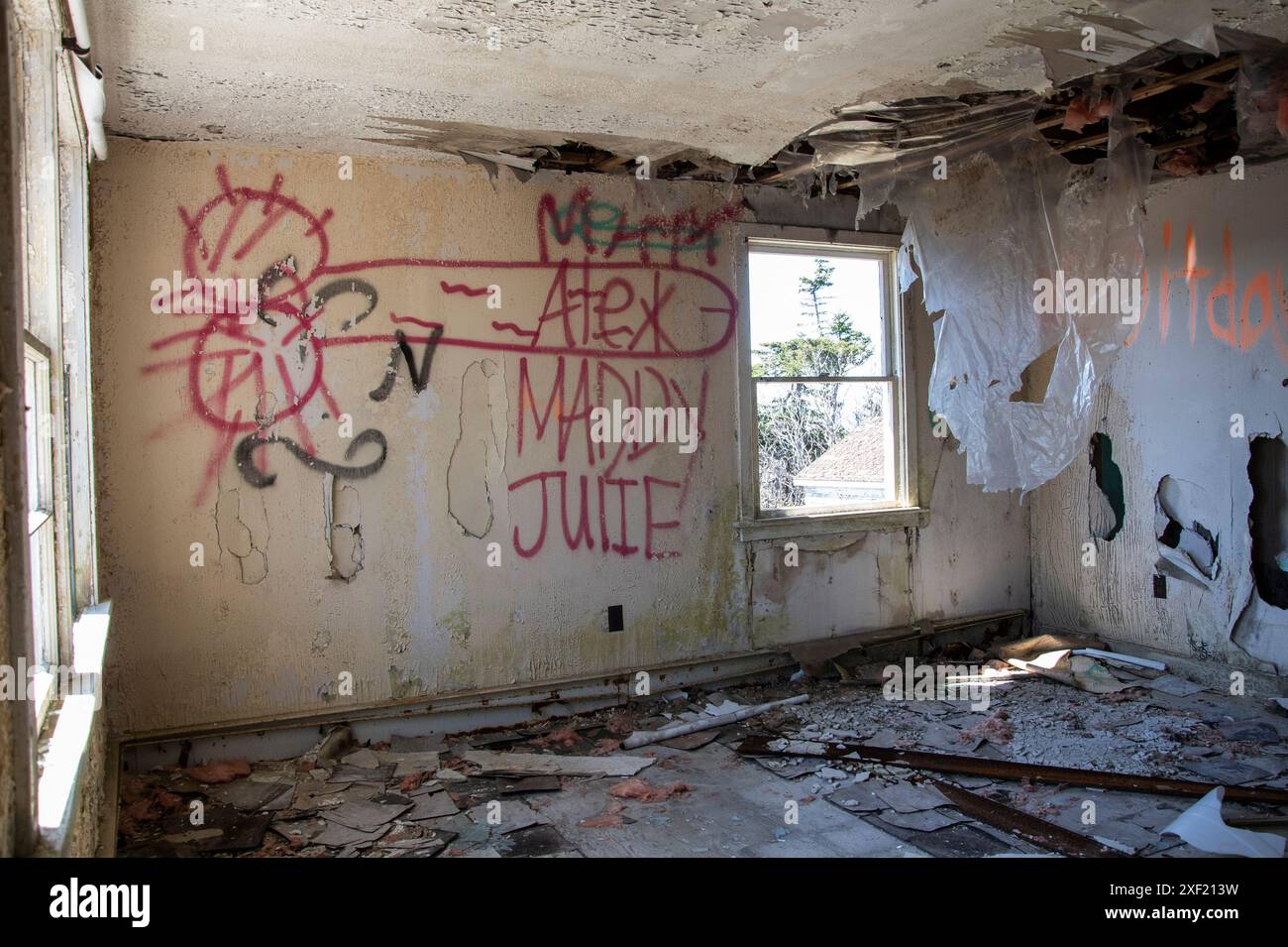 Living room inside the abandoned dilapidated house on Red Head Road in Saint John, New Brunswick, Canada Stock Photo