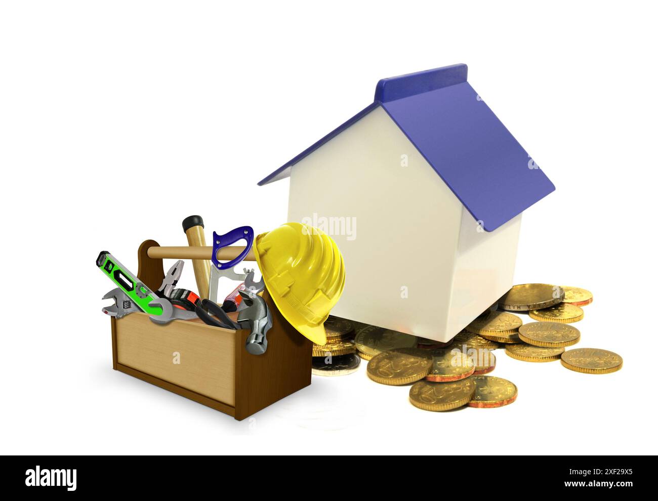 View of Home renovation financing concept with toolbox over white background ...