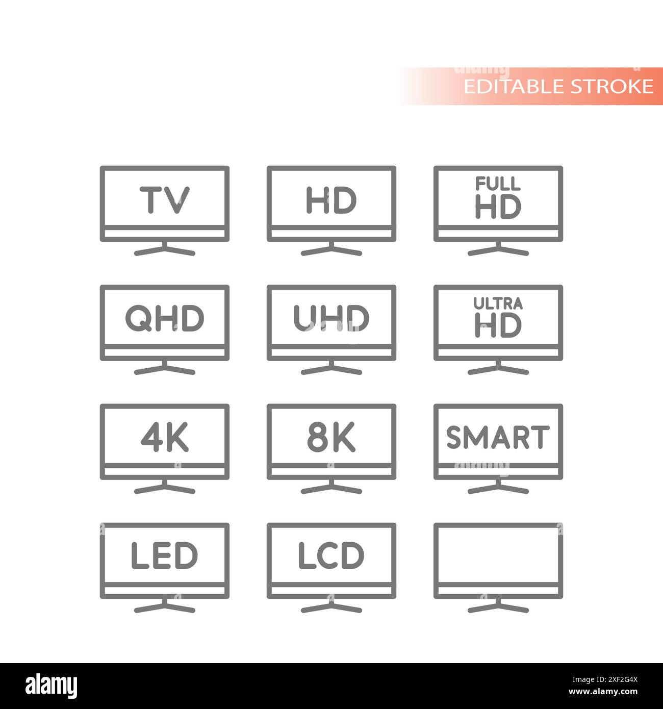 Tv set or box, full hd, smart and 4k. Led, LCD display line vector icon set. Stock Vector