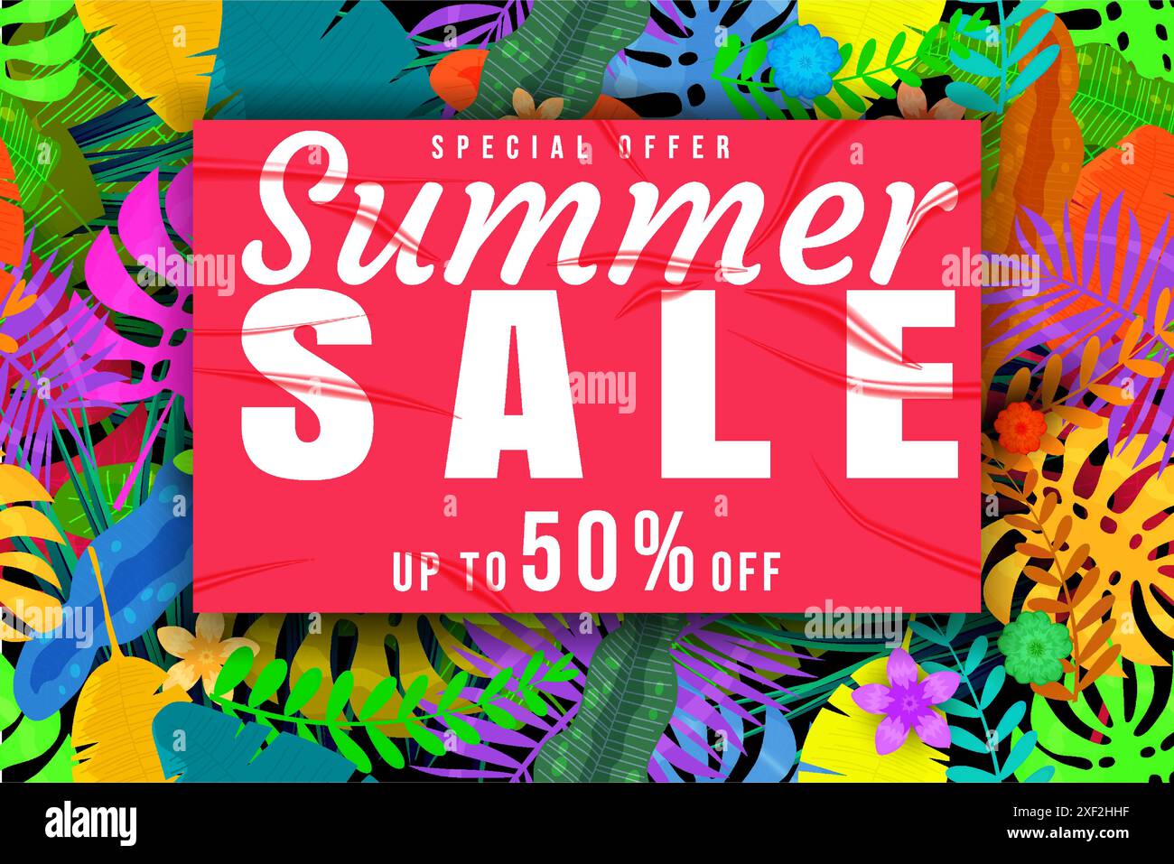 Summer Sale banner tropical plant, flowers and leaves Stock Vector ...