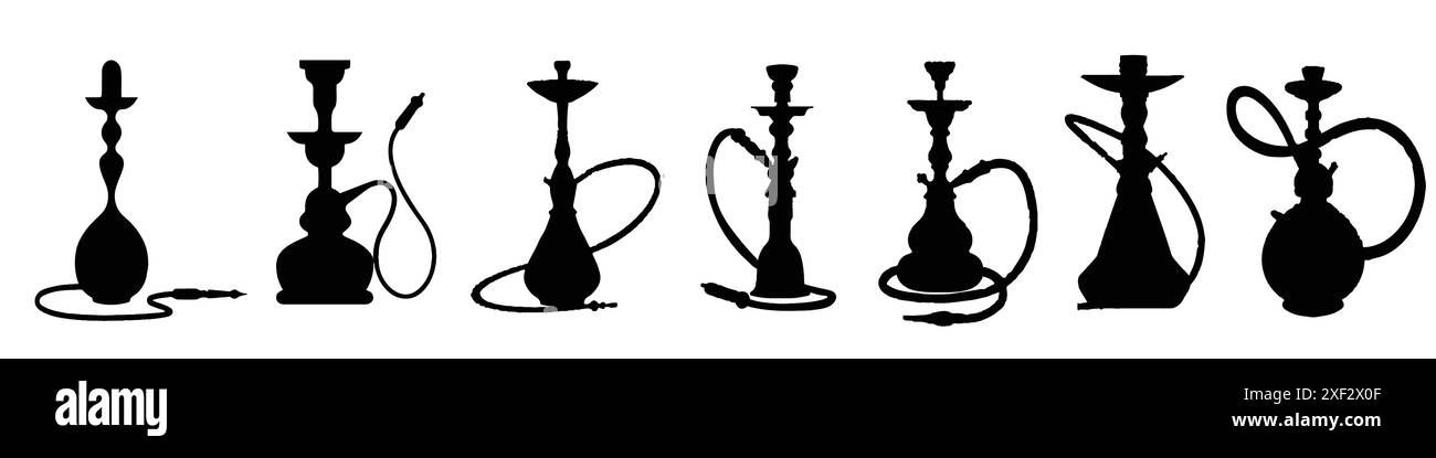 Black set of different shisha and hookah on a white background. Stock Vector