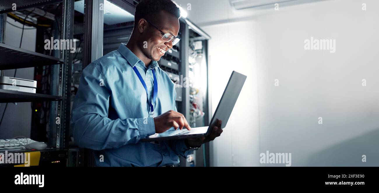 Laptop, server room and black man on network for maintenance ...