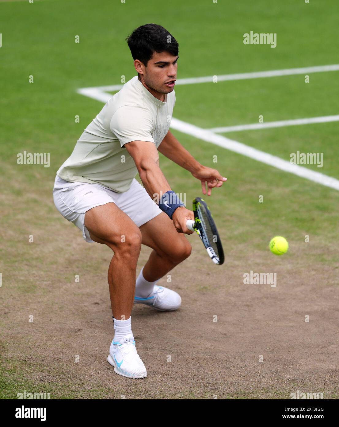 Carlos Alcaraz practising on day one of the 2024 Wimbledon