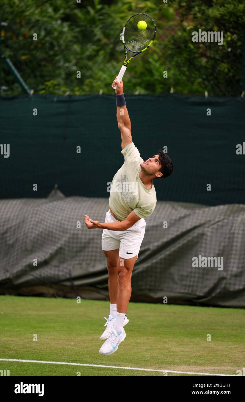 Carlos Alcaraz practising on day one of the 2025 Wimbledon