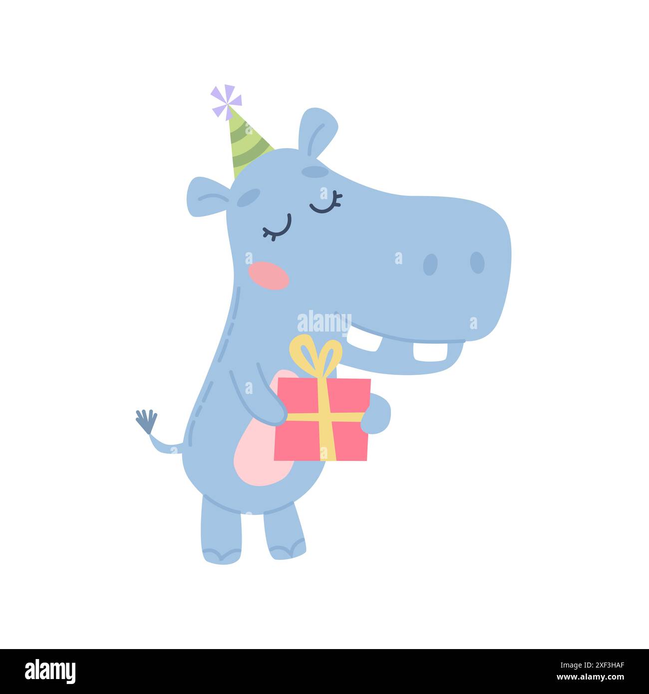 Cute hippo with a gift wearing party hat. Birthday greetings. Vector ...