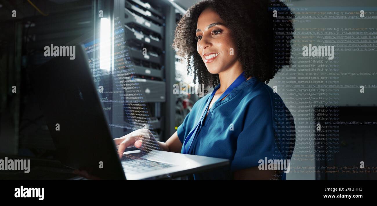 Laptop, server room and woman programming software to update system ...