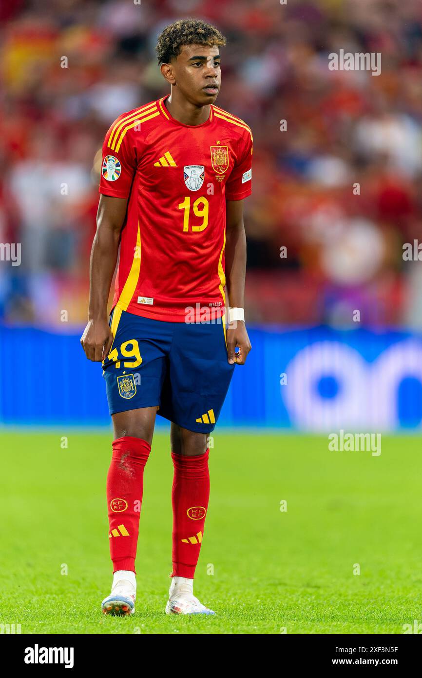 COLOGNE, GERMANY - JUNE 30: Lamine Yamal of Spain reacts during the