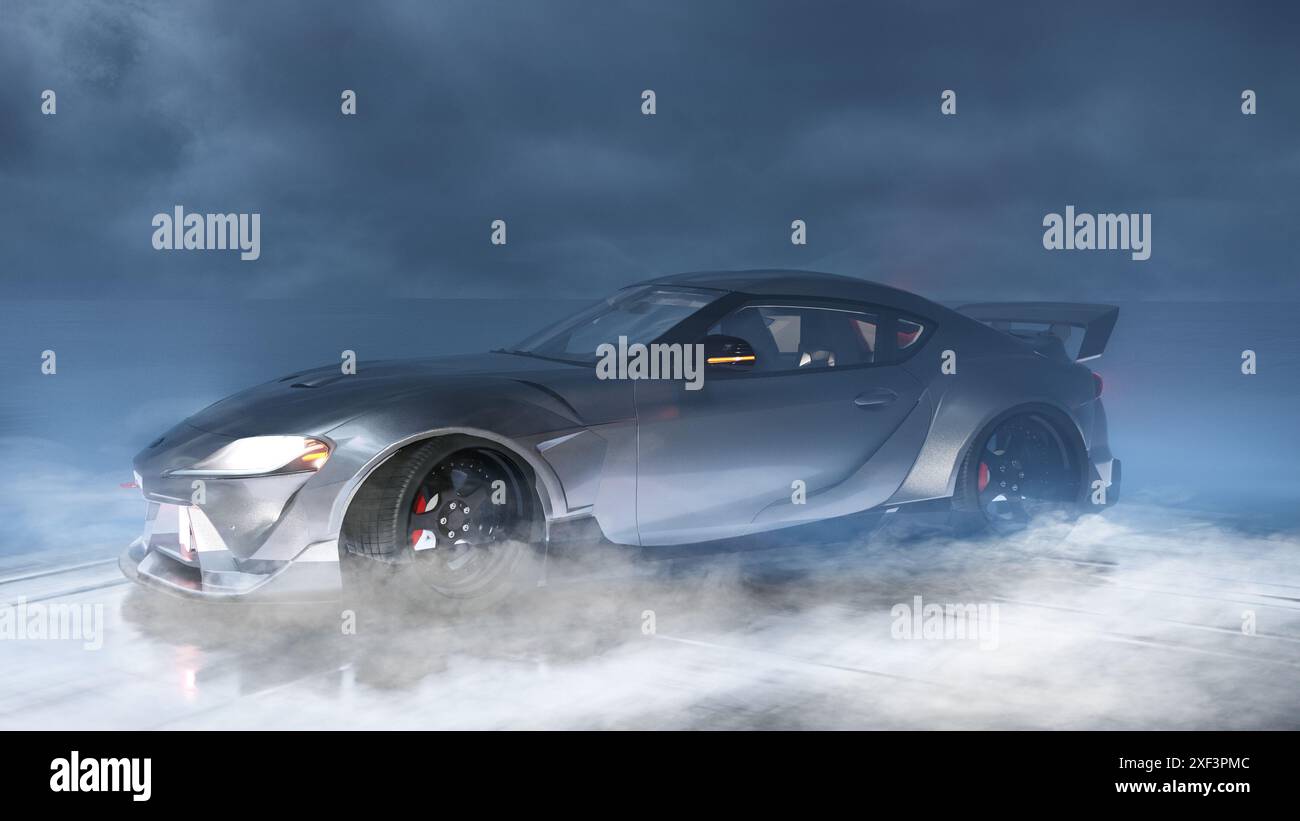 A sports car with its headlights on emerges from the ground fog Stock Photo