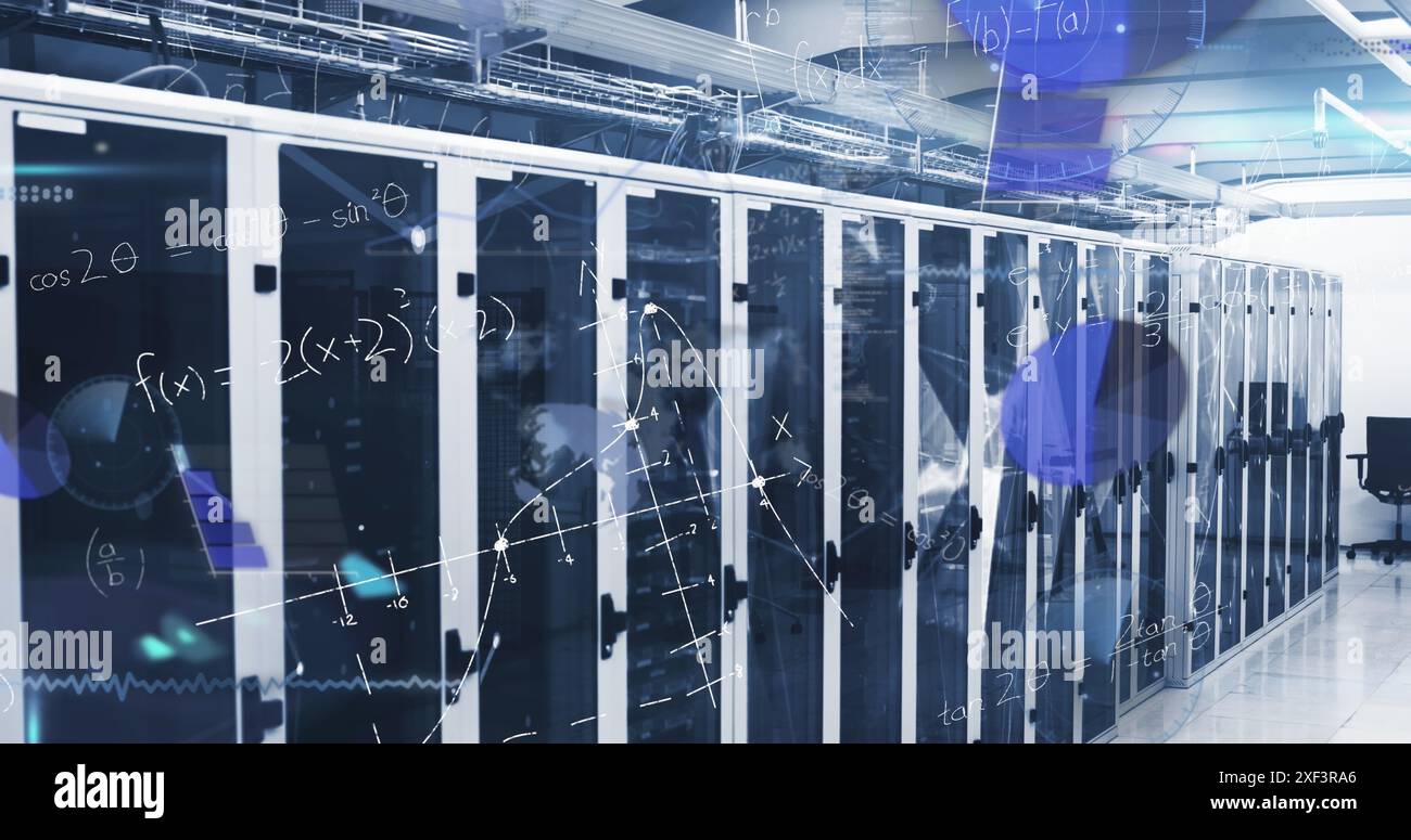 Image of data processing and mathematical equations against plexus networks over server room Stock Photo