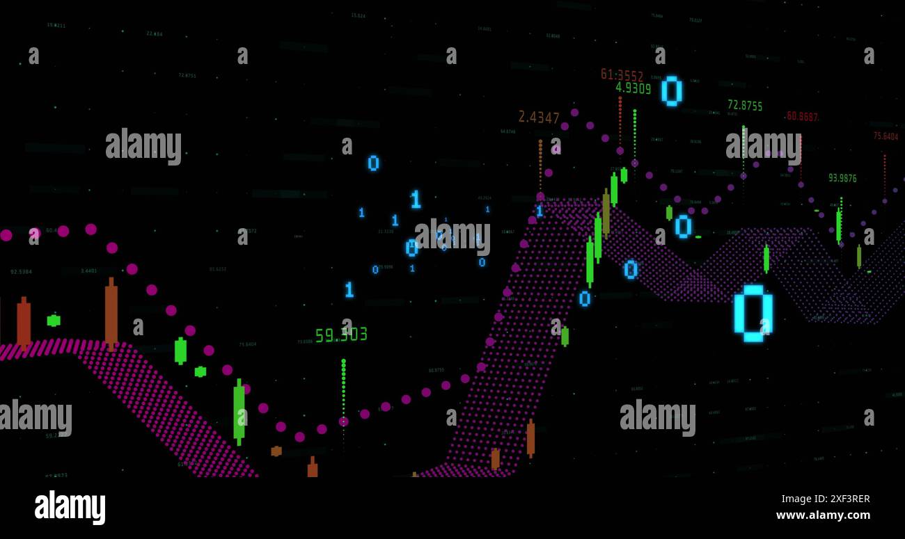 Image of financial data processing and binary coding against black background Stock Photo